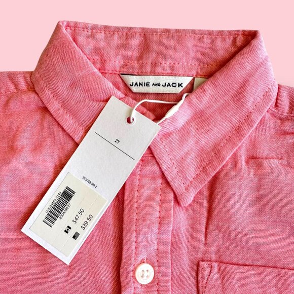๐ Janie and Jack ๐ The Linen-Cotton Shirt Pink Gauzy Contrast Cuff Boys 2Tโ - Picture 2 of 5